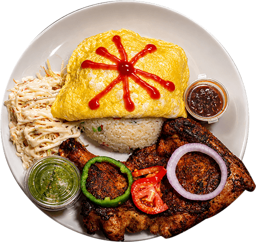 A Basilissa plate of grilled chicken, fried rice, omelette and coleslaw